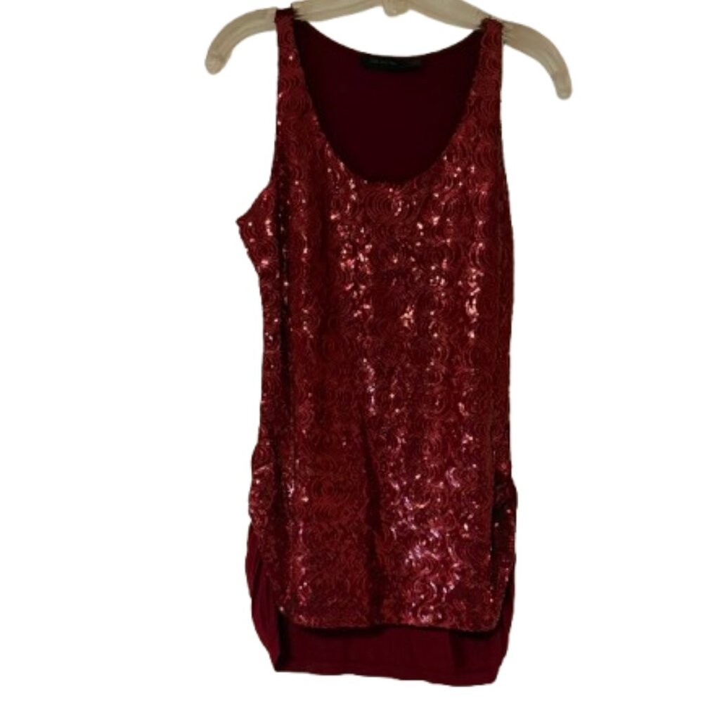 The Limited Deep Red Tank Sequined Front - High, Low Hem - Medium